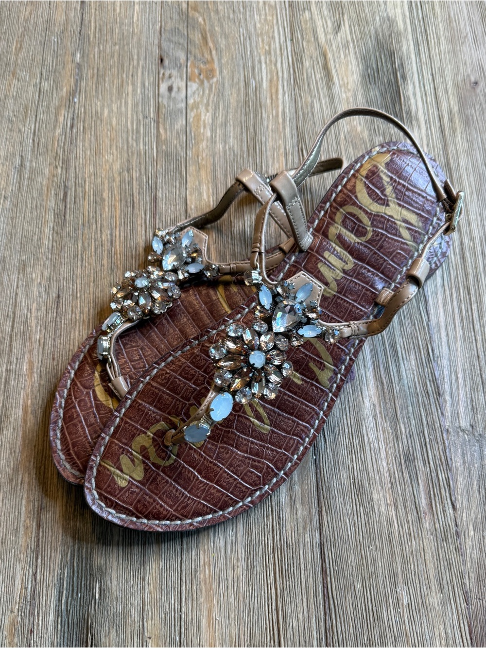 Sam Edelman Embellished Brown T-Strap Rhinestone Sandals size 9.5